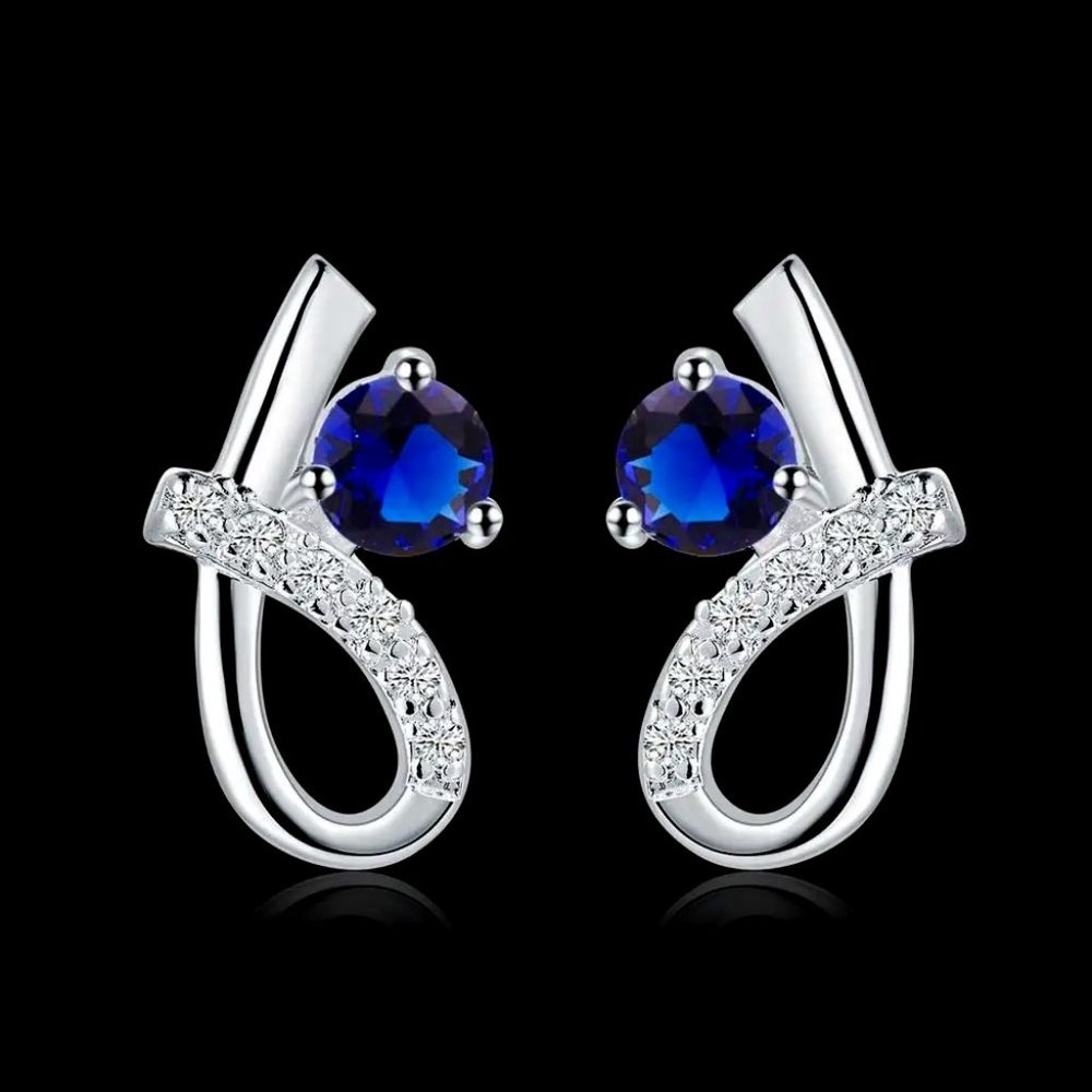 Small & Cute Sapphire and Loop Stud Earrings, 925 Sterling Silver